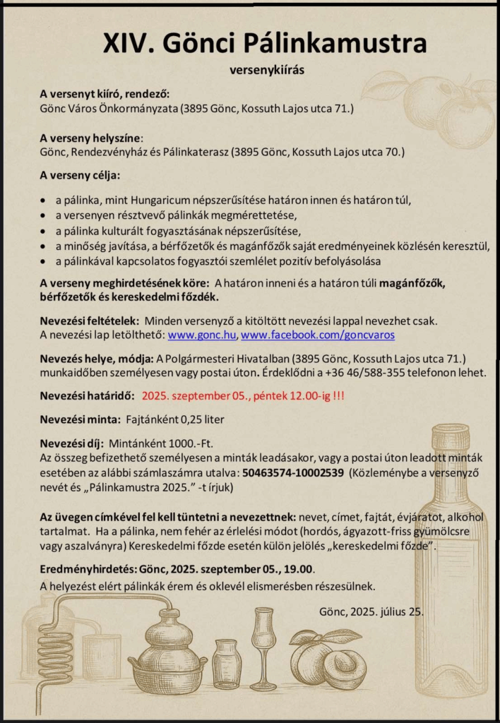 A XIV. Gönci Pálinkamustra verenykiírása