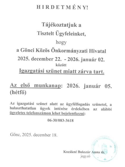 Az igazgatási szünet plakátja. 
Lejjebb görgetve képernyőolvasóval is olvasható.