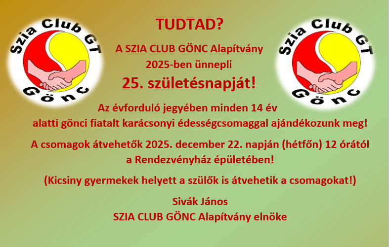 A szia club gönc alapítvány karácsonyi édességcsomag felhívása