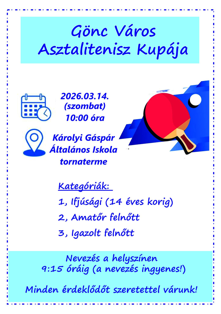 asztalitenisz kupa plakátja 2026. március 14-én az iskola tornatermében 10 órától